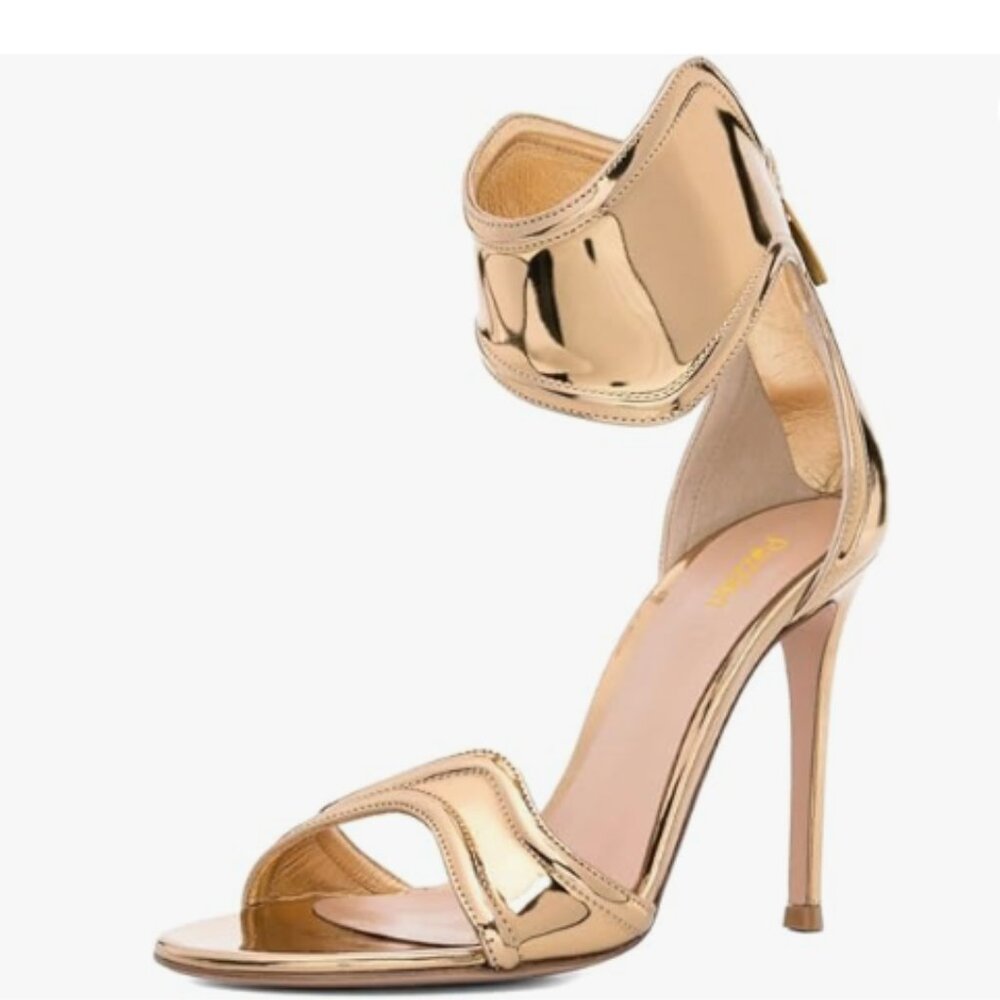 Pazzion Gold Open Round Toe Sandals Ankle Wrap Stiletto Heel Back Zippers Shoes